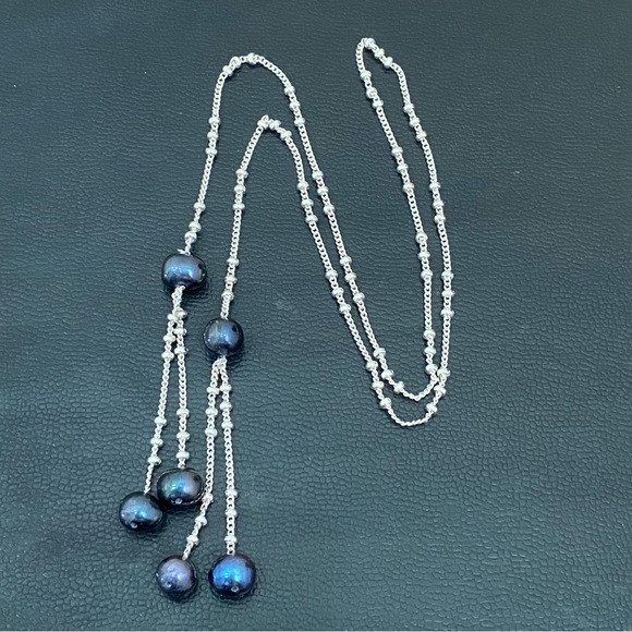 Silver-tone Chain with Freshwater Pearl Beads Lariat 24-Inch Necklace 12.5g - Picture 6 of 13